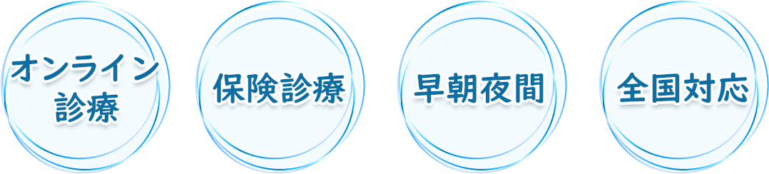 4つの特徴…オンライン診療・保険診療・早朝夜間・全国対応